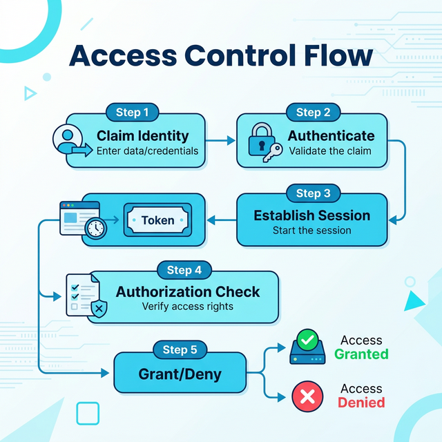 Access Control Flow: 1. Claim Identity, 2. Authenticate, 3. Establish Session, 4. Authorization Check, 5. Grant/Deny.