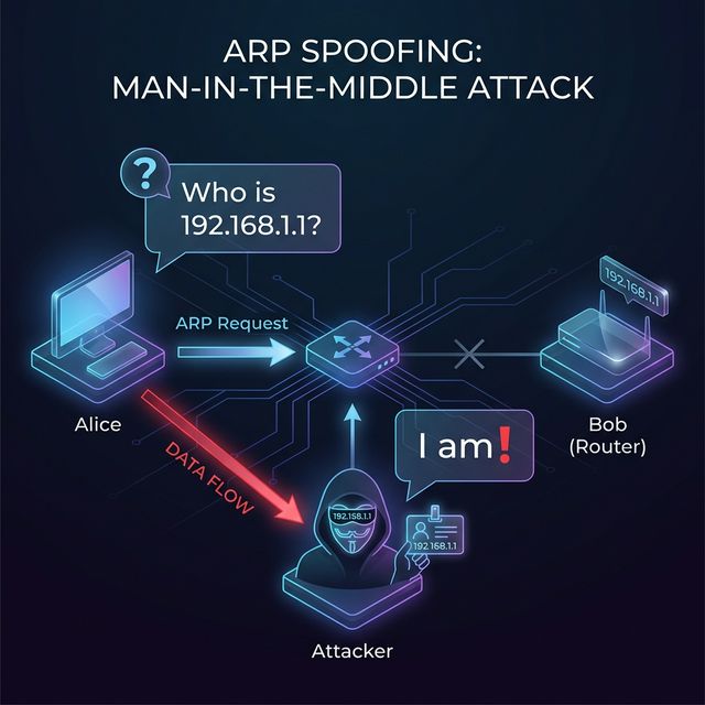A diagram explaining ARP Spoofing, showing an Attacker impersonating the Router (192.168.1.1) to intercept traffic from Alice.