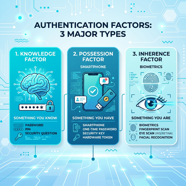 Authentication Factors: 1. Knowledge Factor, 2. Possession Factor, 3. Inherence Factor.