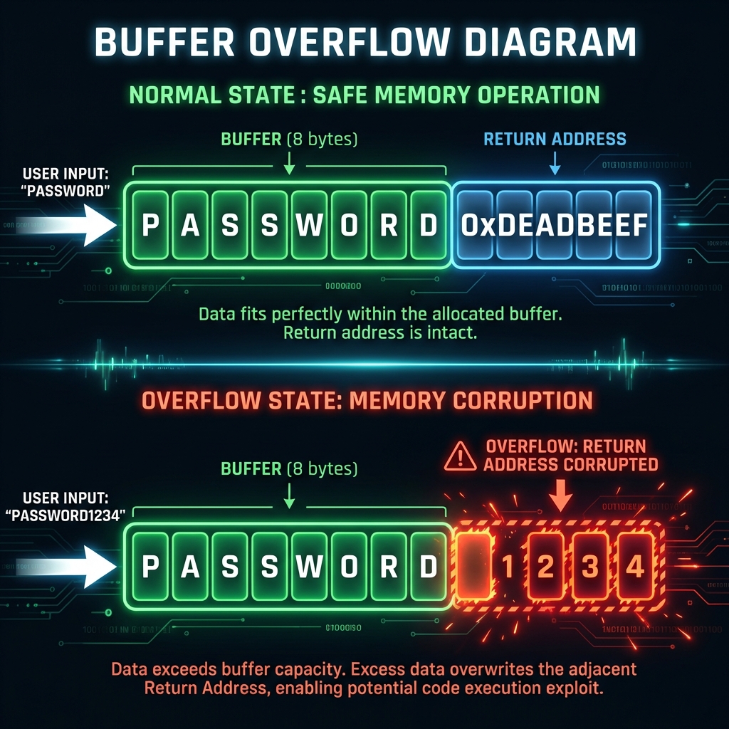 Diagram showing data spilling from an 8-byte buffer into the return address memory space