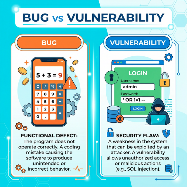 Bug vs Vulnerability: A functional defect (e.g., calculator error) versus a security flaw (e.g., SQL injection bypass).