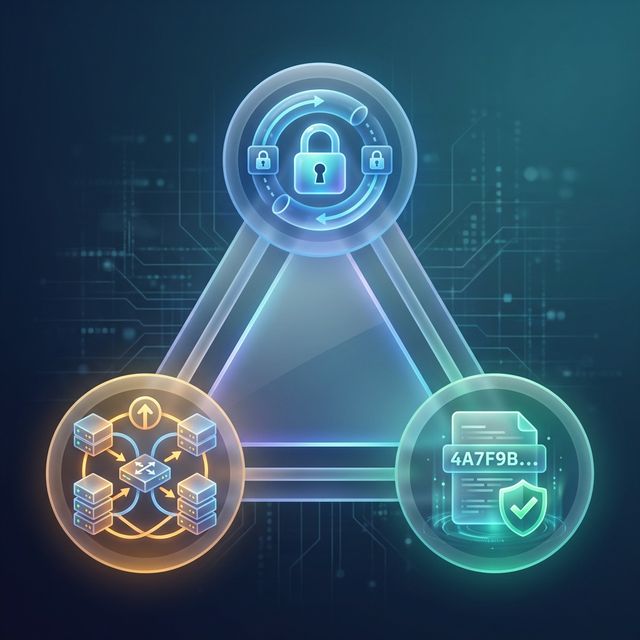 A diagram illustrating the CIA Triad applied to networking, showing icons for Confidentiality (VPN), Integrity (Hashing), and Availability (Load Balancer).
