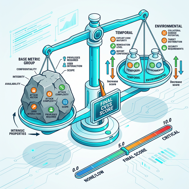 A balancing scale showing CVSS Metric Groups: Base, Temporal, and Environmental.
