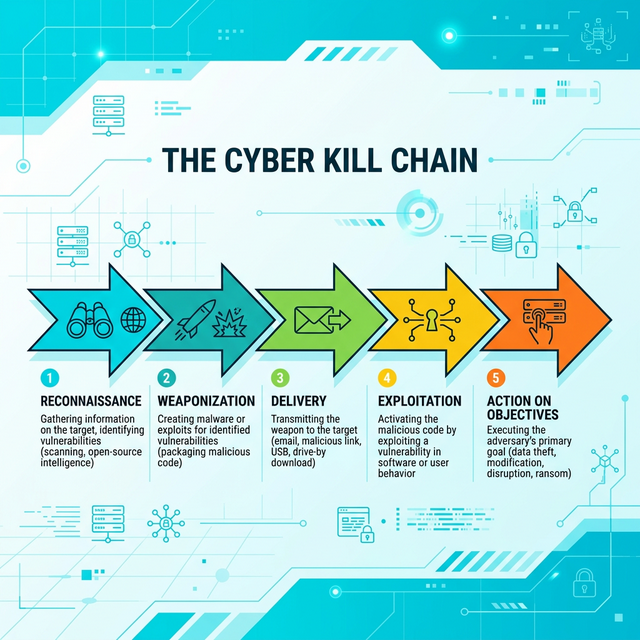 The Cyber Kill Chain: 1. Recon, 2. Weaponization, 3. Delivery, 4. Exploitation, 5. Action on Objectives.