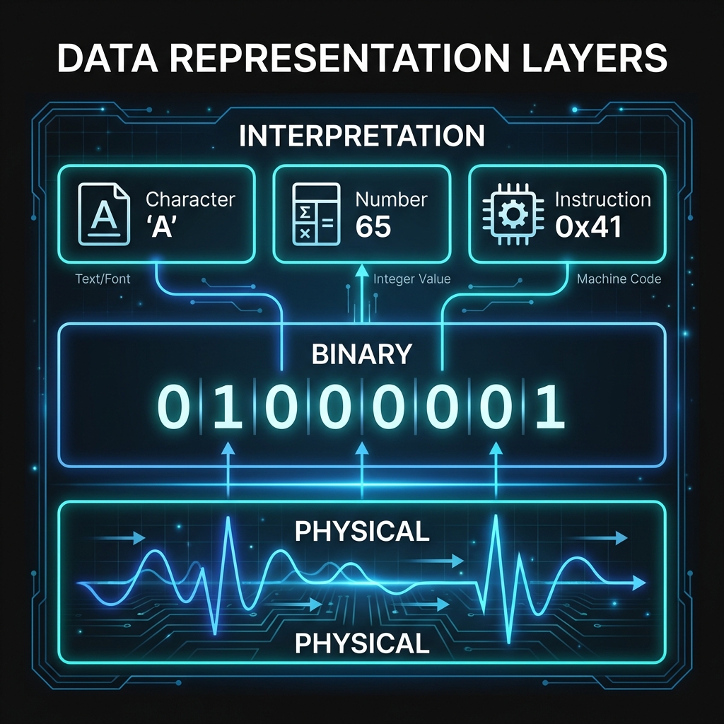Layers of data representation: Physical (Voltage) -> Binary (01000001) -> Interpretation (ASCII 'A', Int 65, Instruction 0x41)