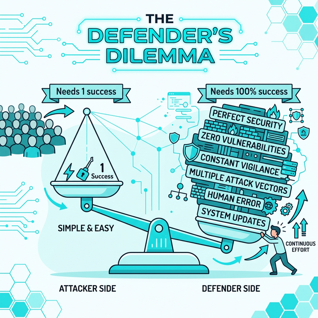 The Defender's Dilemma balancing scale: Attacker needs 1 success while Defender needs 100% success.