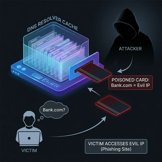 A diagram explaining DNS Cache Poisoning, depicting an attacker sneaking a fake index card into a DNS resolver cache system.
