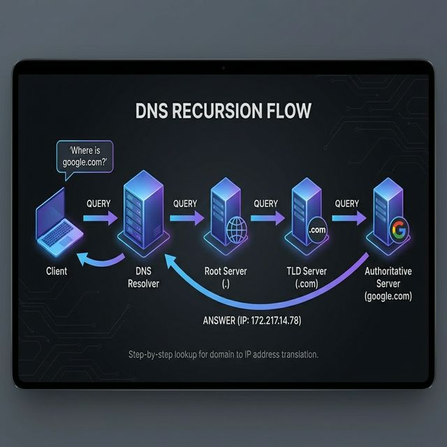 A diagram explaining DNS Recursion, showing a chain of queries from Client to Resolver, Root, TLD, and Authoritative servers.
