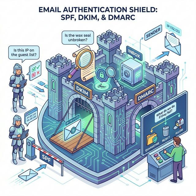 A colorful, clean educational diagram of a castle gate acting as an email authentication shield for SPF, DKIM, and DMARC.