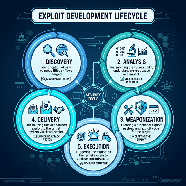 Exploit Development Lifecycle: 1. Discovery, 2. Analysis, 3. Weaponization, 4. Delivery, 5. Execution.