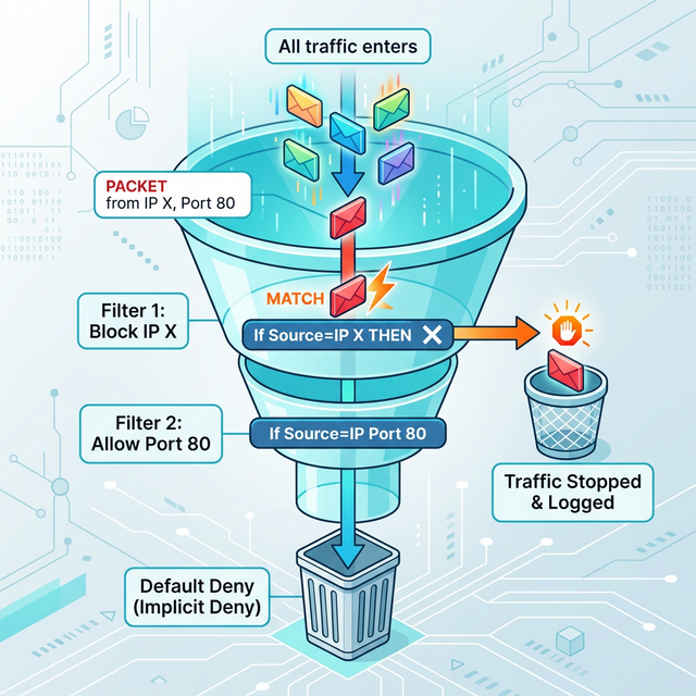 A funnel diagram showing top-down firewall rule processing.