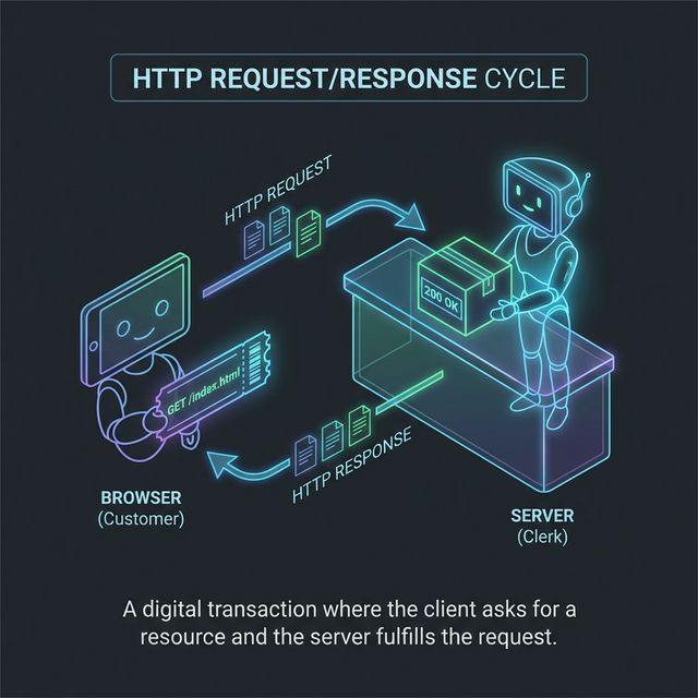 A diagram explaining an HTTP Request and Response cycle, visually represented as a customer ordering at a digital counter.