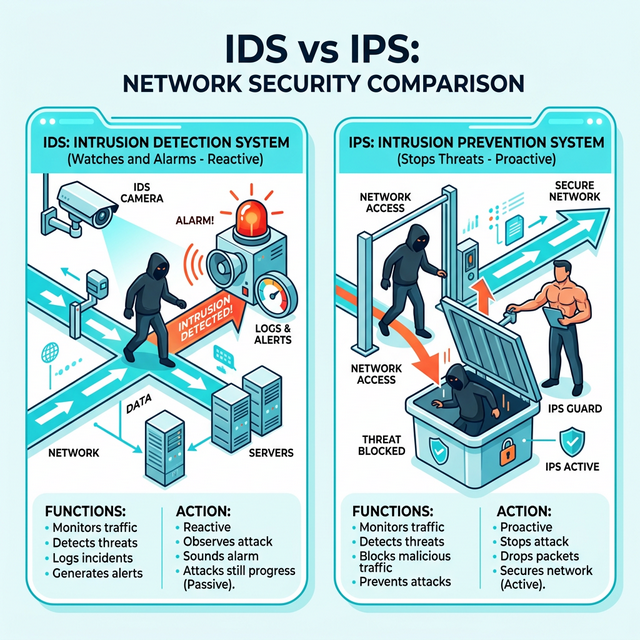 A comparison diagram showing IDS vs IPS network security.