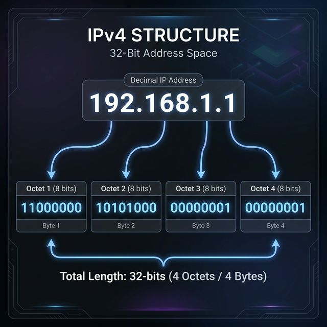 A diagram breaking down an IPv4 address (like 192.168.1.1) from decimal format into its 32-bit binary representation across 4 octets.