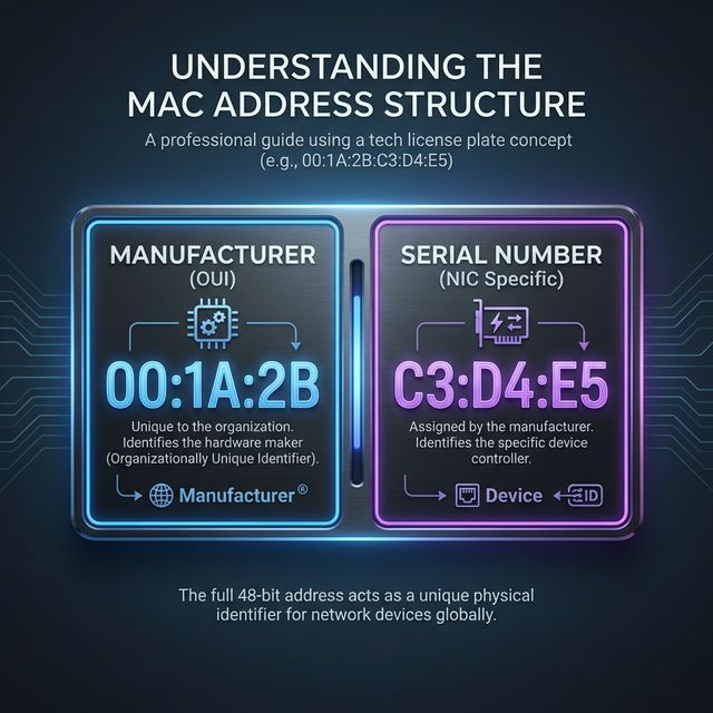 A diagram explaining the MAC Address structure using a license plate concept, dividing the 48-bit address into a Manufacturer OUI and a NIC-specific Serial Number.