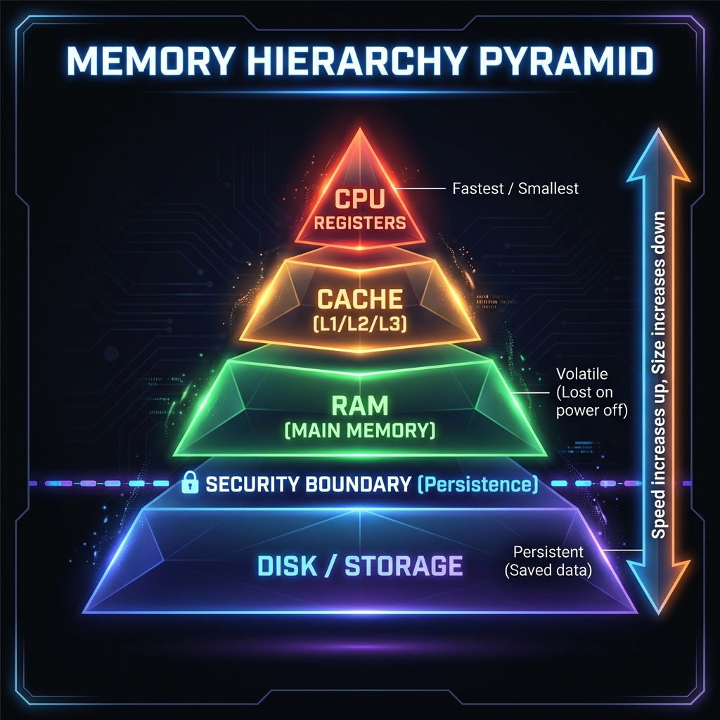 Memory Hierarchy Pyramid showing Registers (fastest/smallest) to Disk (slowest/largest) with security boundary at RAM/Disk