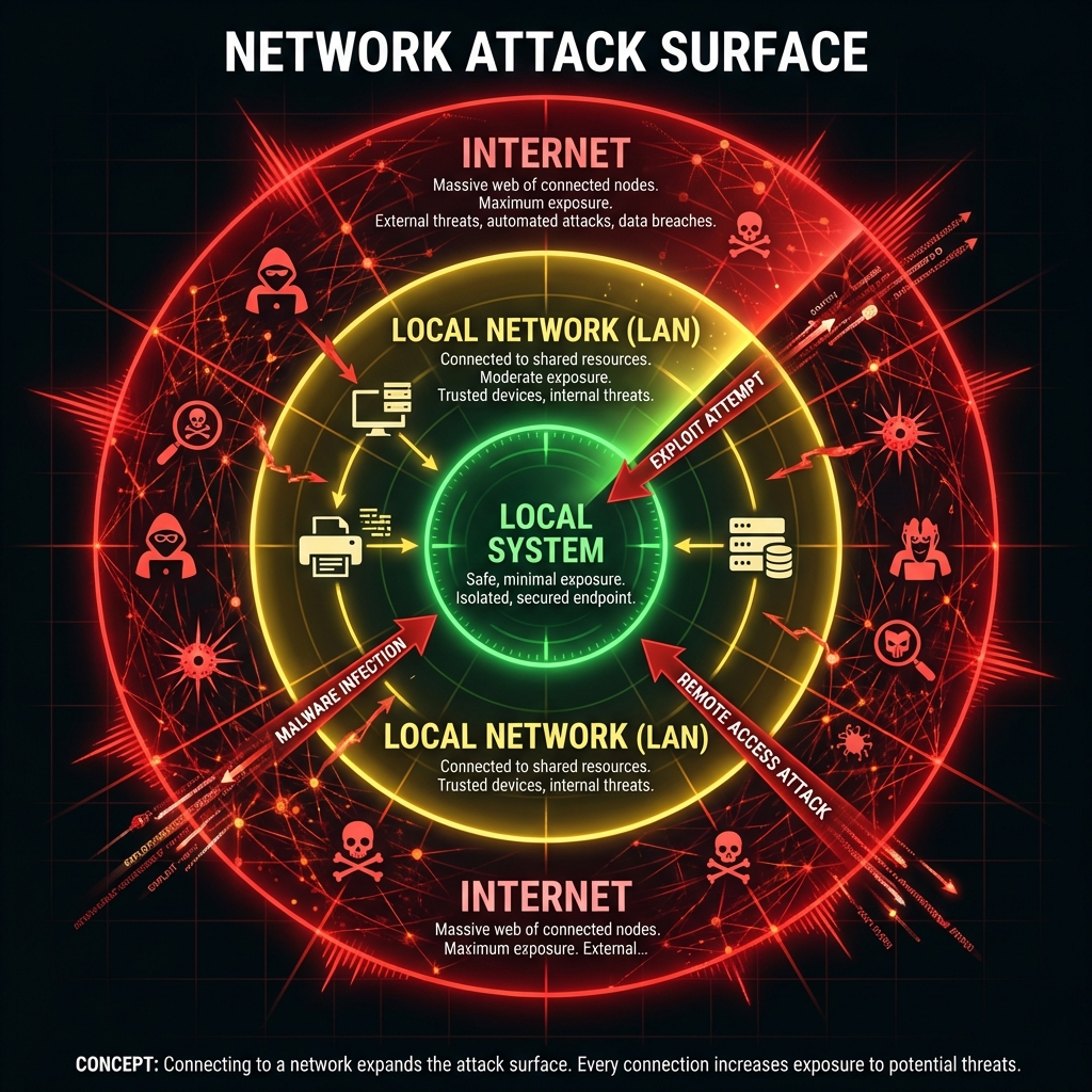 Diagram showing concentric circles of exposure: Local System (Green/Safe) -> LAN (Yellow) -> Internet (Red/Danger)