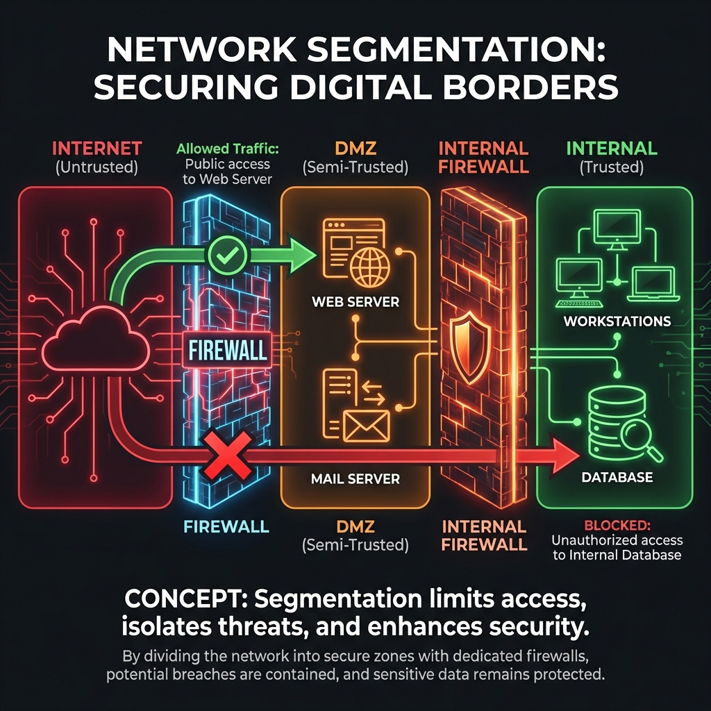 Network diagram showing Internet, DMZ, and Internal zones separated by firewalls
