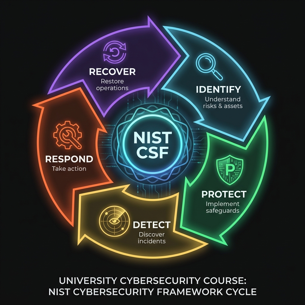 Circular cycle showing Identify, Protect, Detect, Respond, Recover