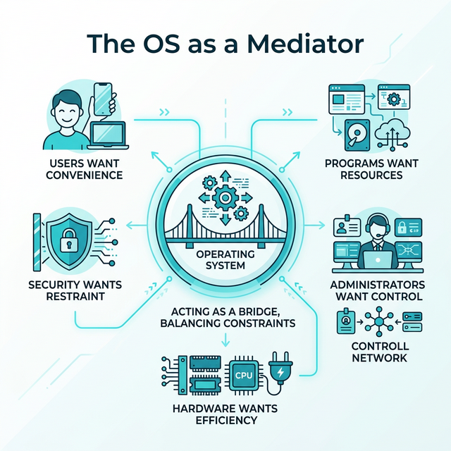 The OS as a Mediator: Balancing constraints between Users, Programs, Administrators, Hardware, and Security.