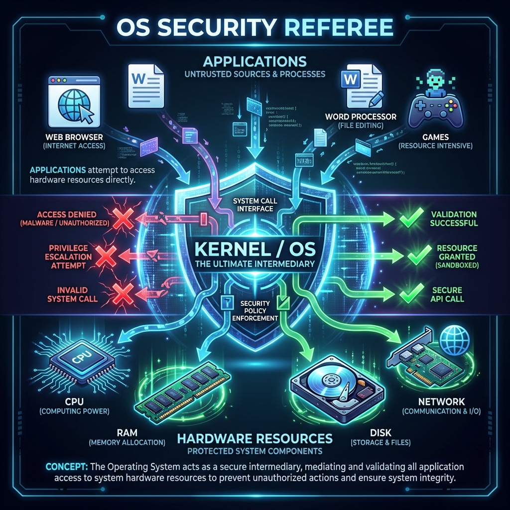 Diagram showing the OS Kernel acting as a shield between Applications (top) and Hardware (bottom), blocking unauthorized access