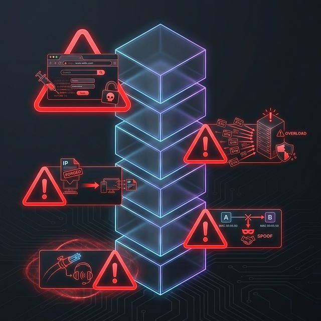 A diagram mapping common network attacks to their corresponding OSI layers, featuring stylized icons for wiretapping (L1), ARP spoofing (L2), IP forgery (L3), SYN floods (L4), and code injection (L7).