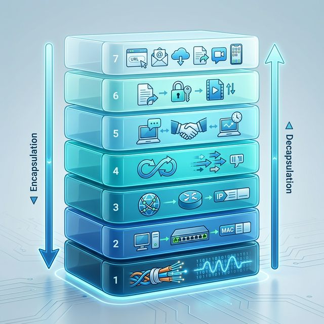 A conceptual 'layer cake' diagram illustrating the 7-layer OSI model, showing encapsulation flowing downwards and decapsulation upwards, with icons representing the components of each layer from Physical (1) to Application (7).
