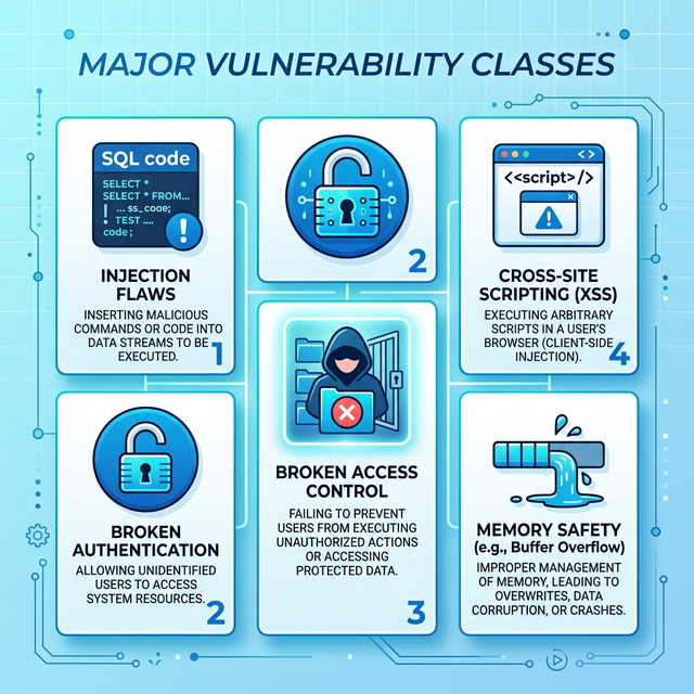 Major Vulnerability Classes: Injection Flaws, Broken Authentication, Broken Access Control, Cross-Site Scripting, Memory Safety.