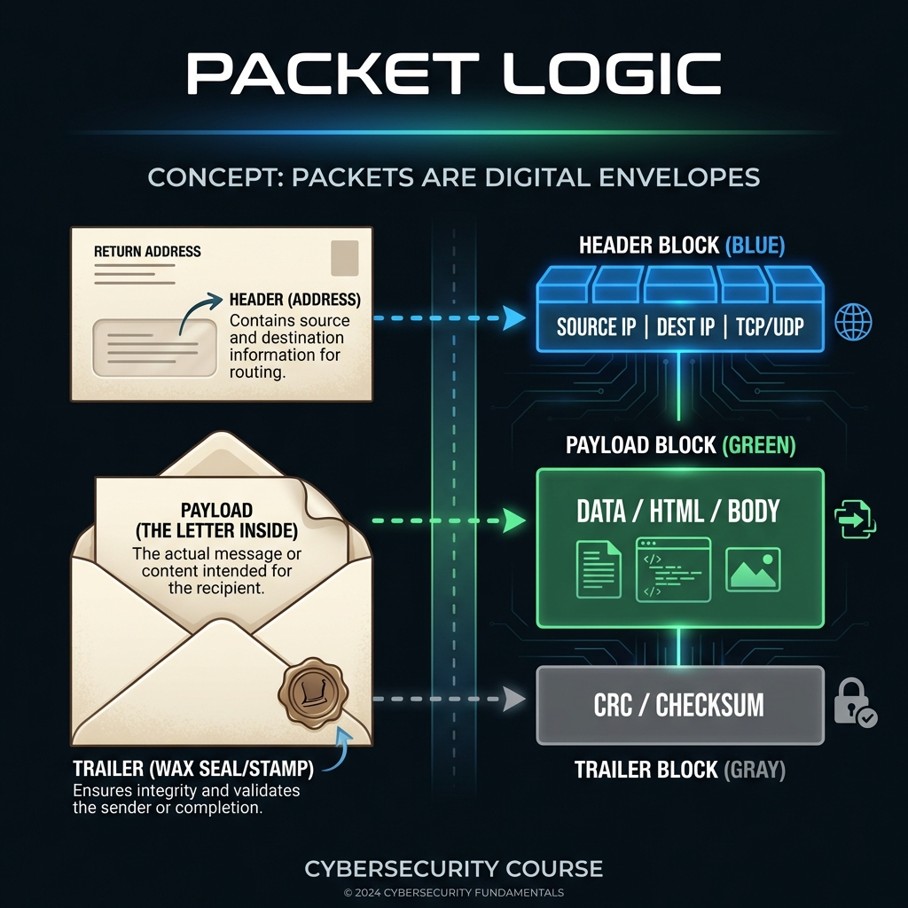 Comparison of physical envelope vs digital packet structure (Header, Payload, Trailer)