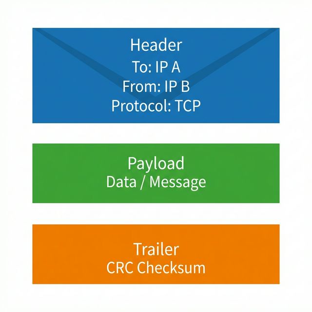 Diagram showing the anatomy of a network packet, breaking it down into headers, payload, and trailer.