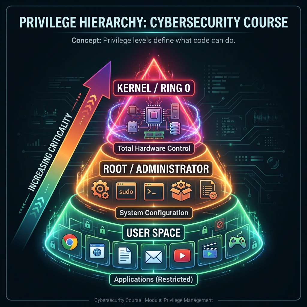 Pyramid diagram: Kernel (Ring 0) at top/center, Root/Admin in middle, User Space at bottom/outer ring