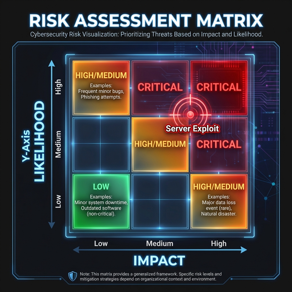 Risk Assessment Matrix plotting Likelihood vs Impact, showing Critical (Red), High/Medium (Orange), and Low (Green) zones
