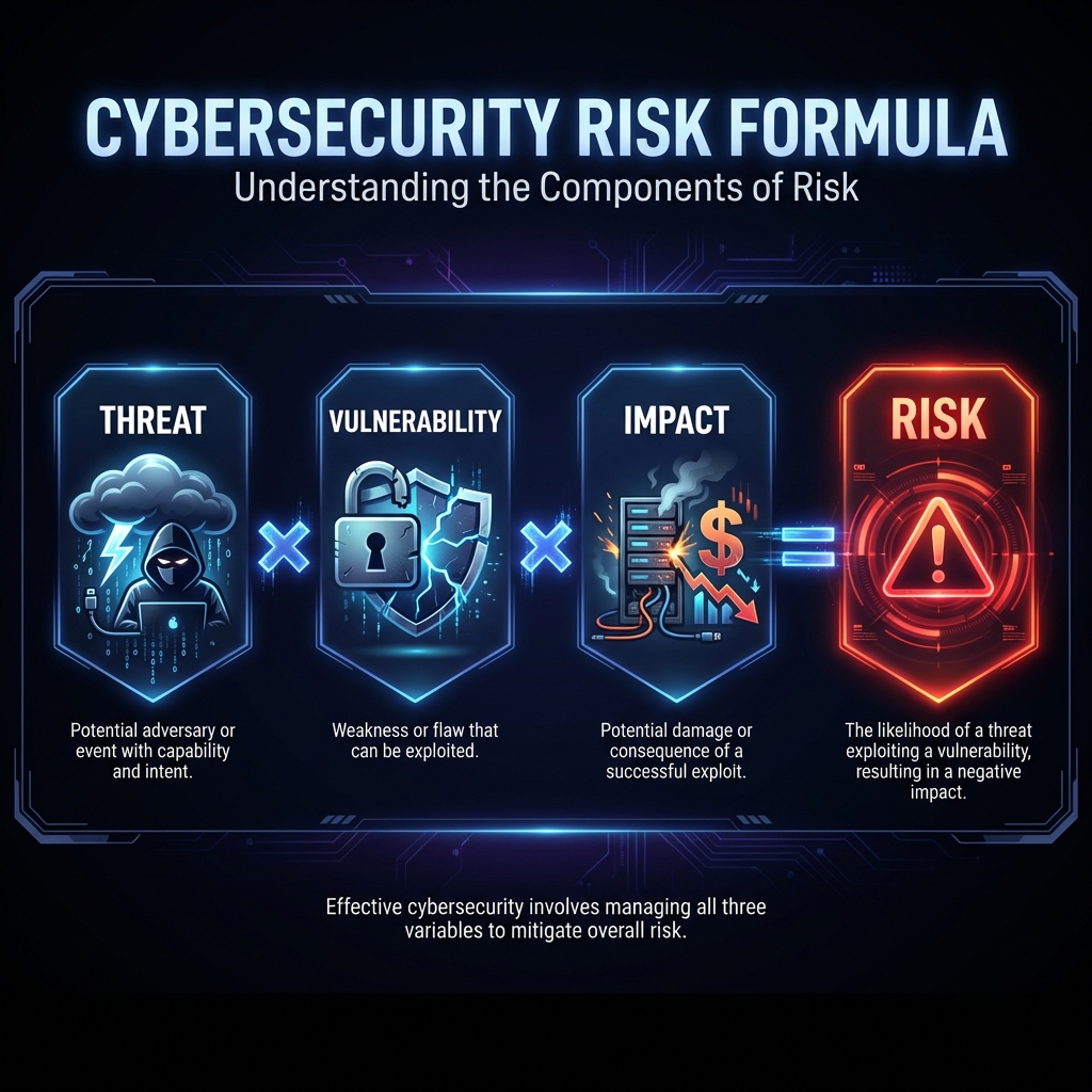 Visual equation: Threat x Vulnerability x Impact = Risk