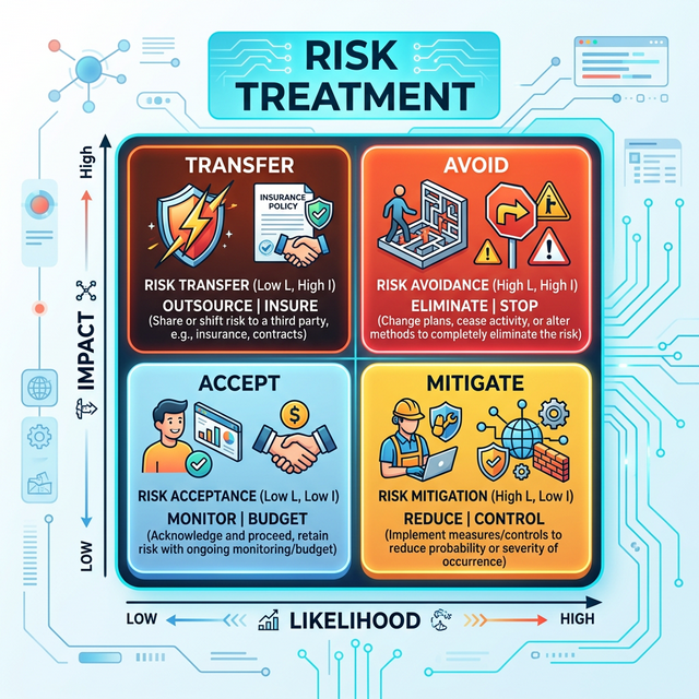 Risk Treatment Quadrants: Avoid, Mitigate, Transfer, Accept based on Likelihood and Impact.