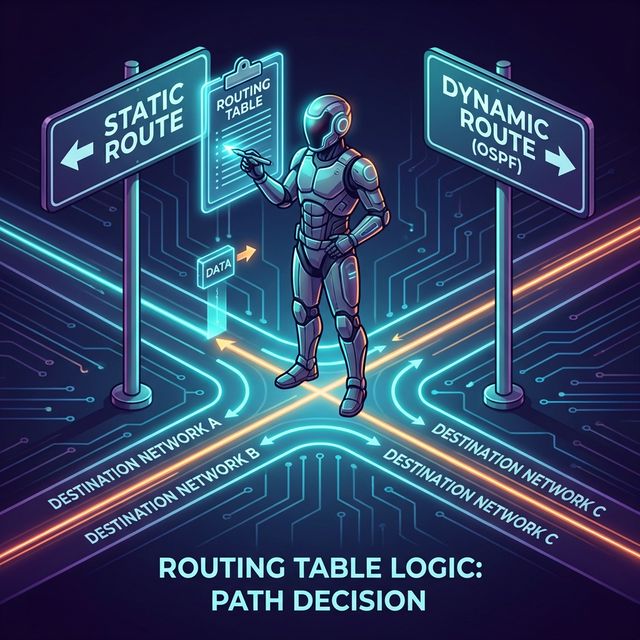 A diagram explaining routing table logic, showing a stylized traffic cop directing a packet based on a routing table.