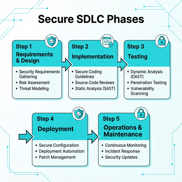 Secure SDLC Phases: 1. Requirements & Design, 2. Implementation, 3. Testing, 4. Deployment, 5. Operations & Maintenance.