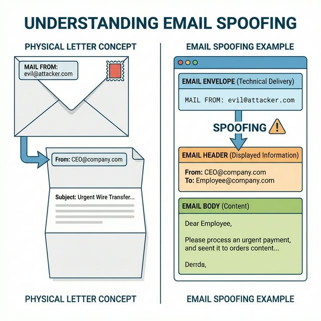 A stylized, modern educational illustration explaining the difference between an email envelope, header, and body demonstrating email spoofing.