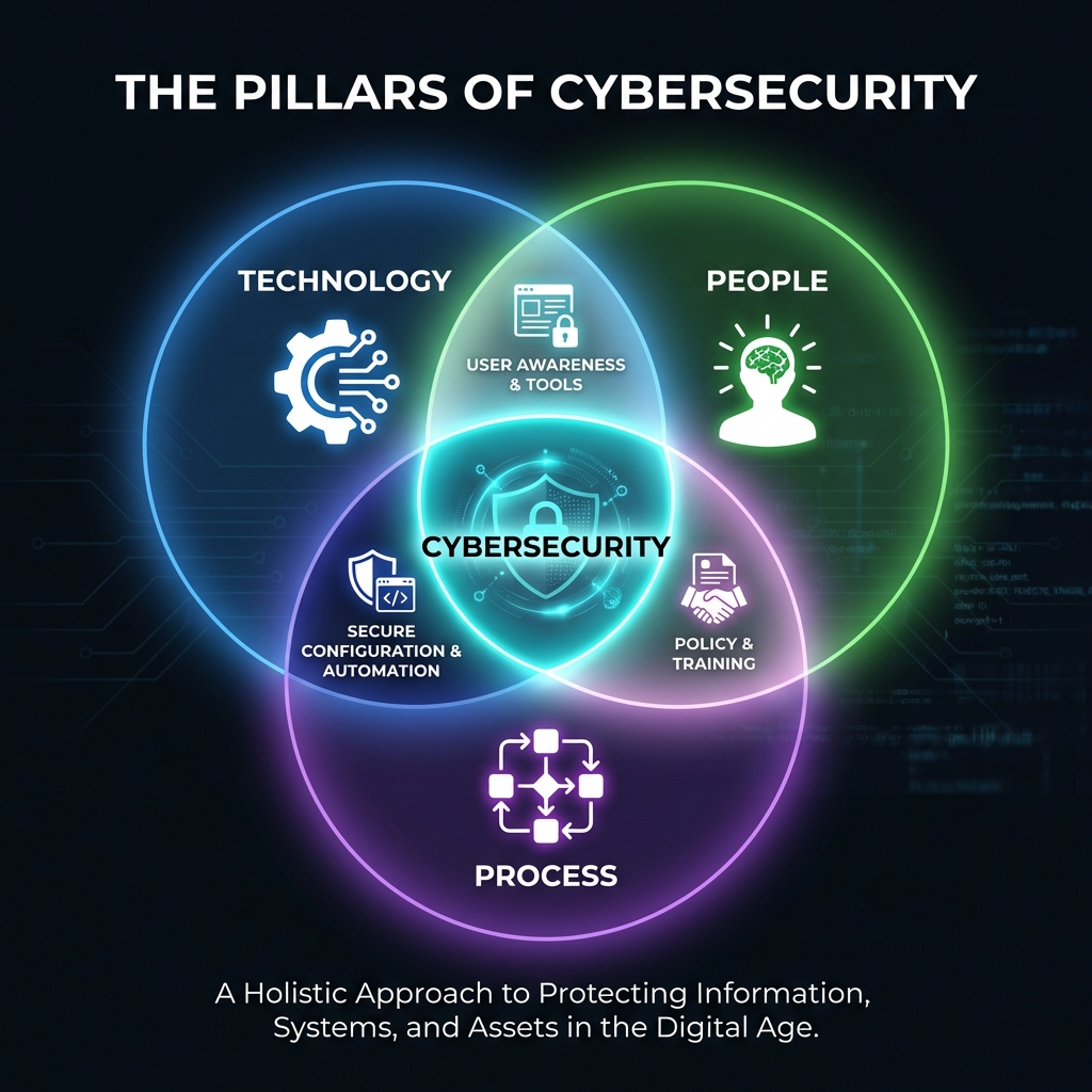 Venn diagram showing intersection of People, Process, and Technology equals Cybersecurity