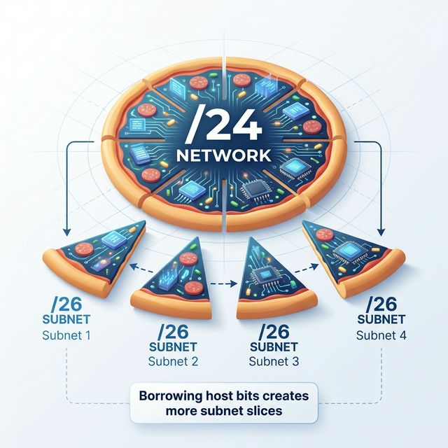 A diagram explaining subnetting using a pizza metaphor. A large /24 pizza is sliced into 4 smaller /26 pieces, demonstrating how borrowing bits creates more subnet slices.