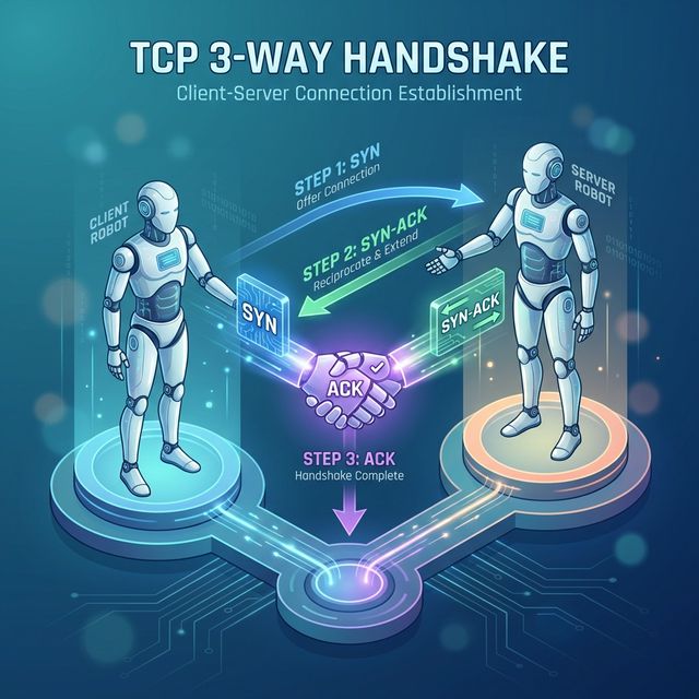 A diagram illustrating the TCP 3-Way Handshake between a Client and Server, represented by two robots exchanging SYN, SYN-ACK, and ACK messages.