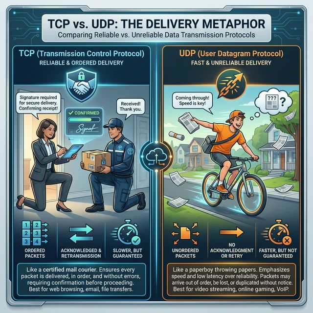 A split-screen diagram comparing TCP (represented by a reliable courier delivering a secure package) with UDP (represented by a fast paperboy throwing newspapers).