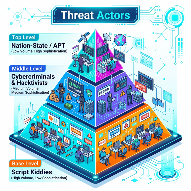 A pyramid diagram showing Threat Actors: Script Kiddies at the base, Cybercriminals in the middle, and Nation-State / APT at the top.