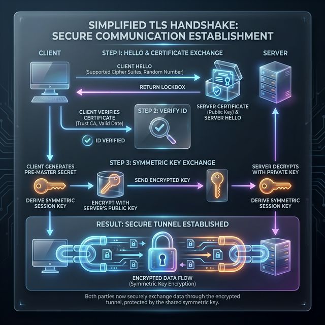 A diagram explaining the TLS Handshake, showing the exchange of digital lockboxes and keys down to a secure glowing tunnel.