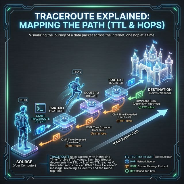 A diagram explaining Traceroute (TTL and Hops), showing a traveler jumping across routers and emitting ICMP Time Exceeded messages to map the path.