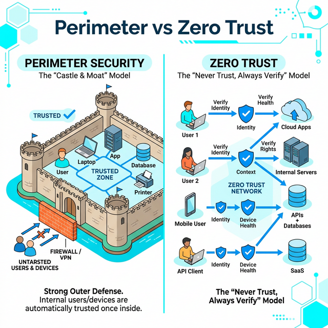 Perimeter vs Zero Trust Security Models. Perimeter trusts everything inside, Zero Trust verifies every user and device individually.